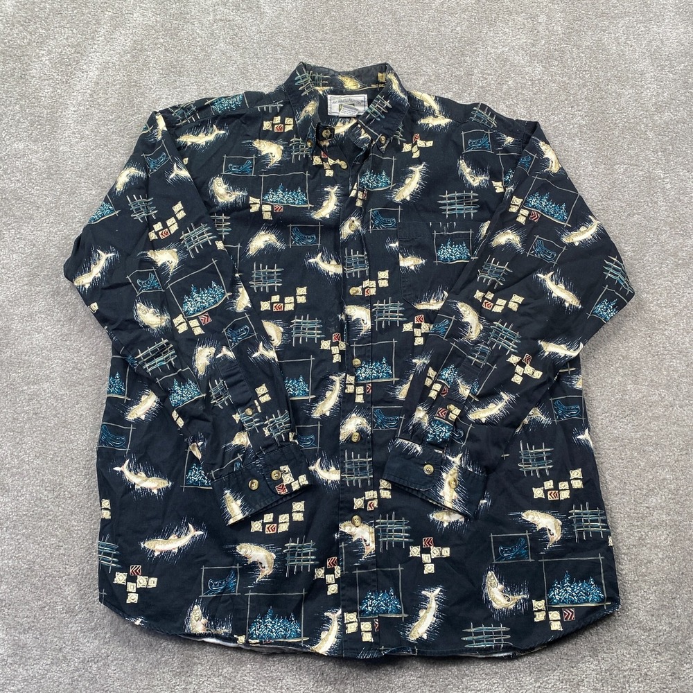 Michael Austin Rugged Wear Fish Print Button Down Shirt Men's Size L Black